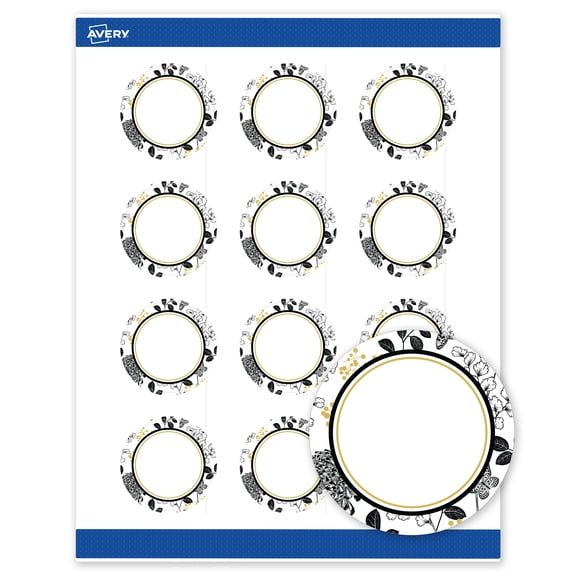 Avery Round Labels, 2", Gold Arch & Black Florals Design, Matte