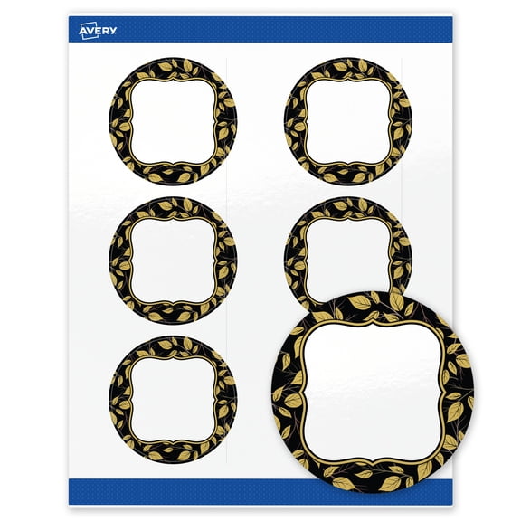 Avery Round Labels, 3", Black Flourish & Gold Leaves Design, Glossy