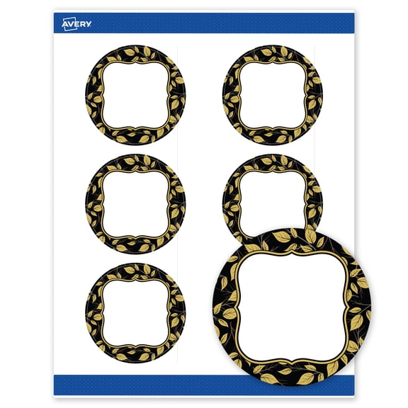 Avery Round Labels, 3", Black Flourish & Gold Leaves Design, Matte