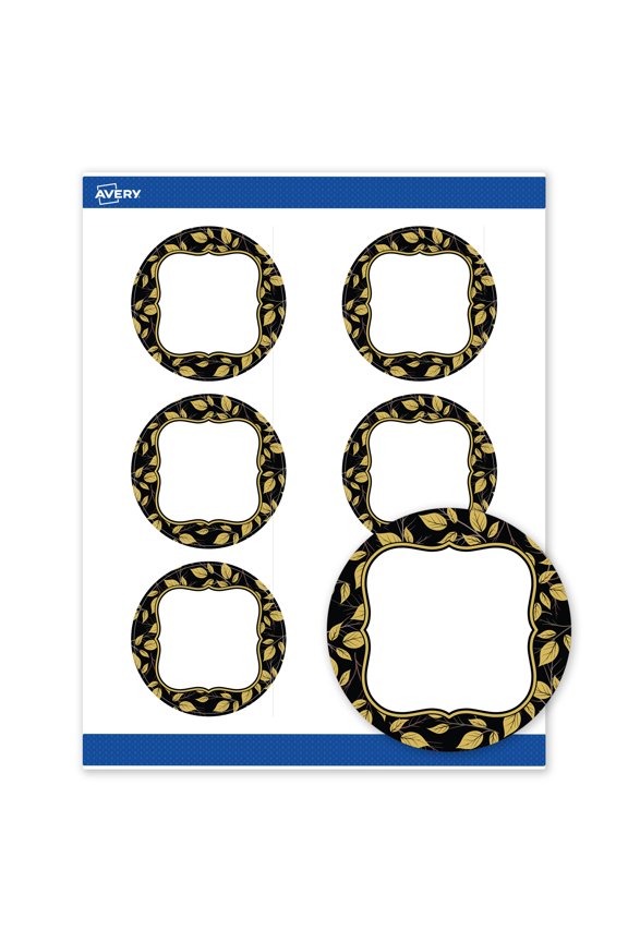 Round Labels, 3", Black Flourish & Gold Leaves Design, Matte