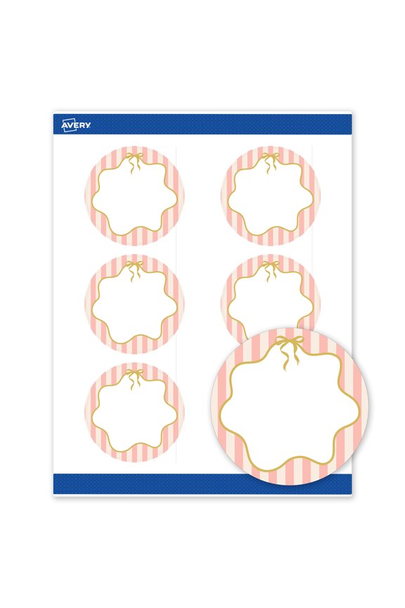 Round Labels, 3", Pink Stripes with Gold Bow Design, Matte