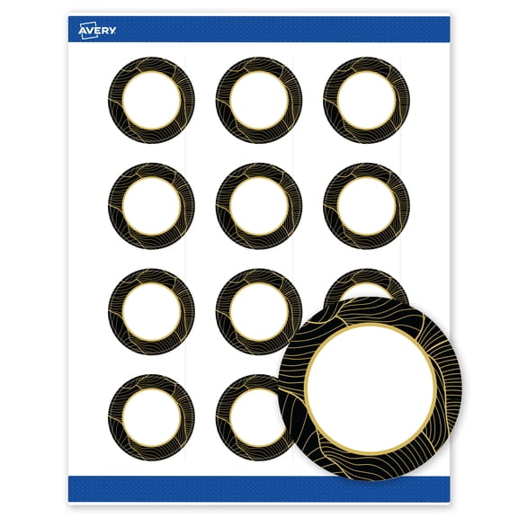 Avery Round Labels, Black with Gold Pattern, 2" Diameter, Matte, Black Border with Gold Veins