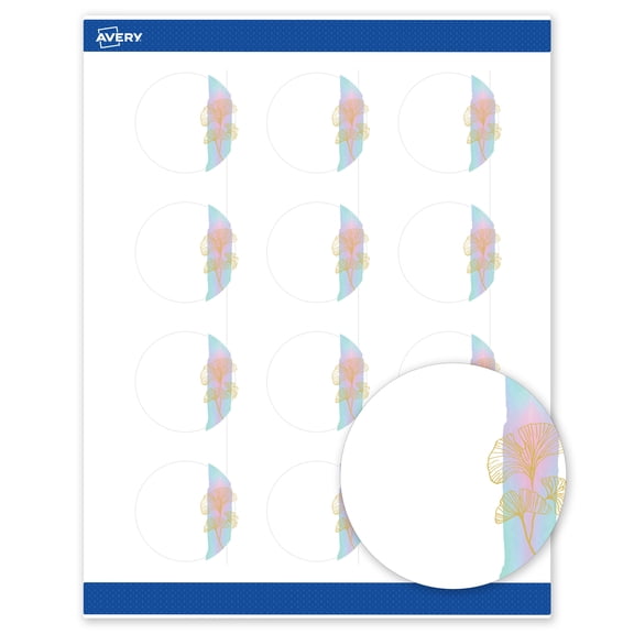 Avery Round Labels, Floral Design, 2" Diameter, 120 Total, Matte, Watercolors with Gold Ginkgo Leaves