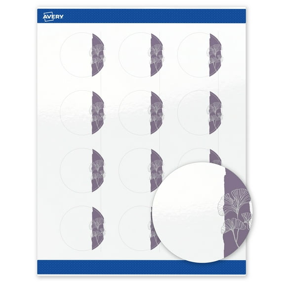 Avery Round Labels, Floral Design, 2" Diameter, 120ct, Glossy, Purple and Silver Gingko Leaves