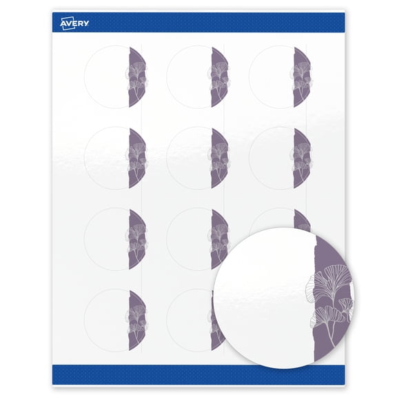 Avery Round Labels, Floral Design, 2" Diameter, 120ct, Glossy, Purple and Silver Gingko Leaves