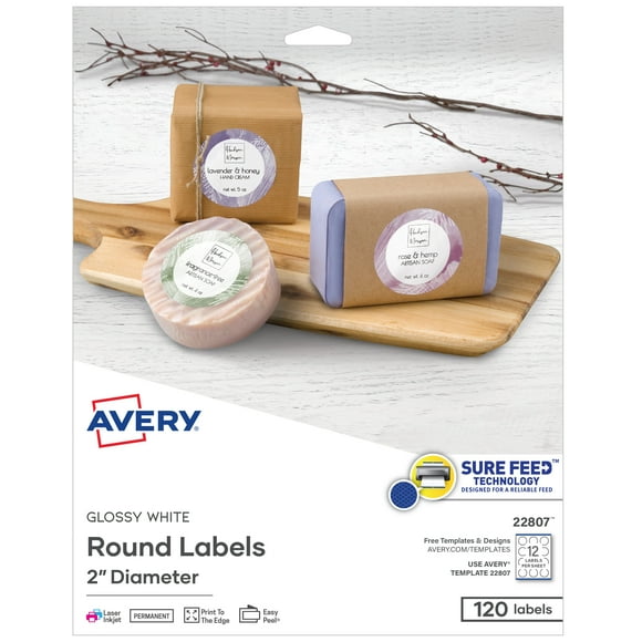 Avery Round Labels, Glossy White, 2" Diameter, 120ct (22807)