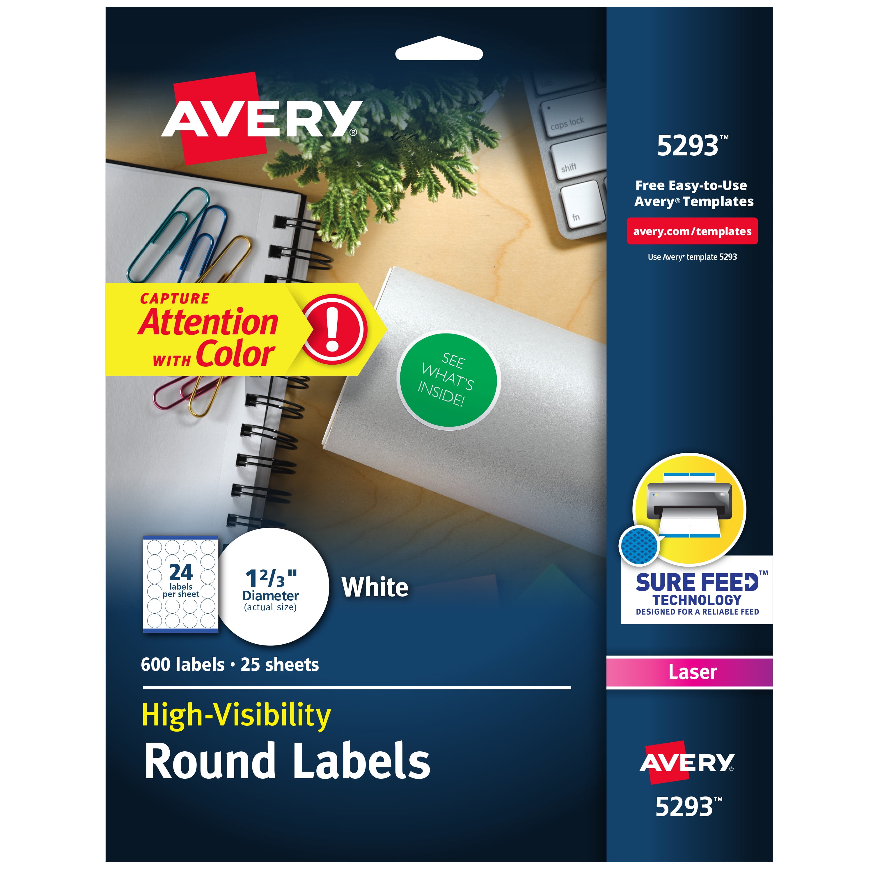 Avery Round Labels, Laser Printers,1-2/3", 600 Labels (5293)