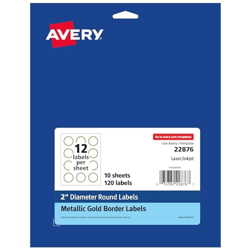 Avery Round Labels, Matte White with Metallic Gold Borders, 2" Diameter ...