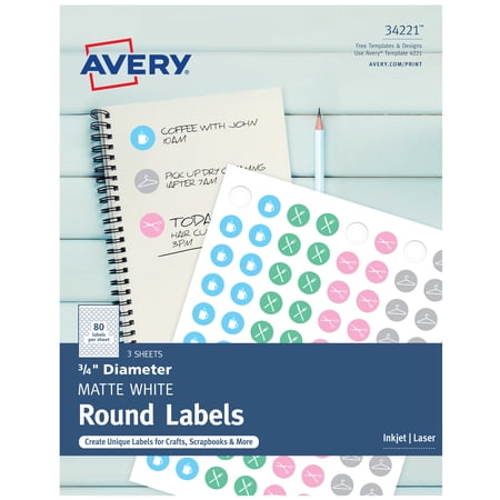 Avery Round Labels, White, 3/4" Round, Print To The Edge, Laser, Inkjet, 240 Labels (34221)
