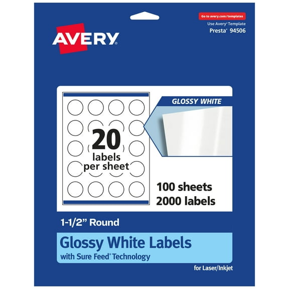 Avery Round Labels with Sure Feed, 1.5" Diameter, 2,000 Glossy White Labels