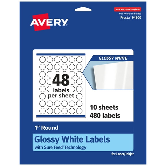 Avery Round Labels with Sure Feed, 1" Diameter, 480 Glossy White Labels