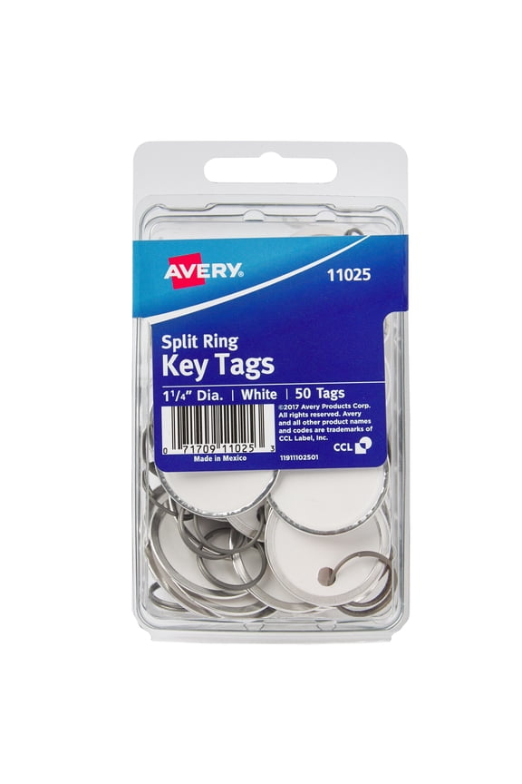Round Metal Rim Key Tags, 1 1/4" Diameter, White, Pack Of 50