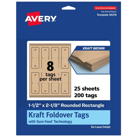 Avery Rounded Foldover Tags, 1-1/2" x 2-1/8", Kraft Brown, 200 Total