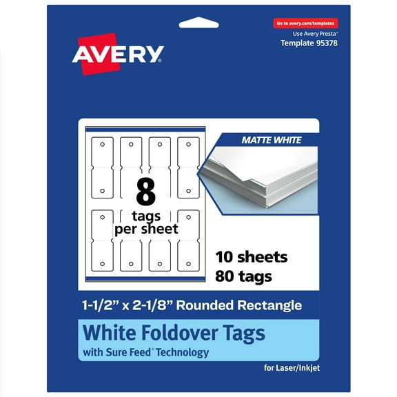 Avery Rounded Foldover Tags, 1-1/2" x 2-1/8", Matte White, 80 Total
