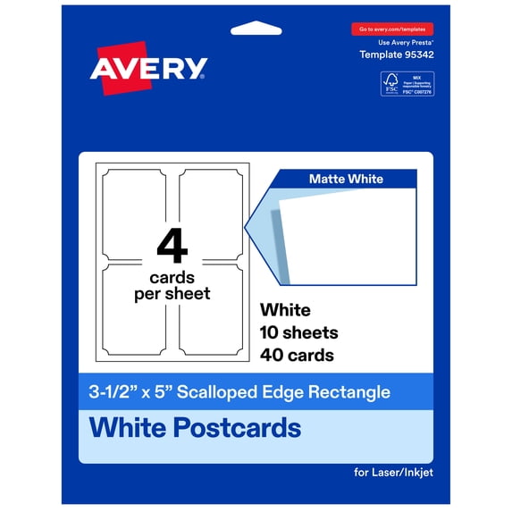 Avery Scalloped Edge Postcards, 3 .5" x 5", Matte White, 40 Total