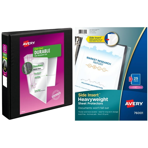 Avery Secure Side-Load Sheet Protectors, Heavy Gauge, Letter, Diamond Clear, 25-Pack and Avery 1-1/2" Durable View Binder w/Nonlocking EZD Rings, 11" x 8 1/2" Bundle