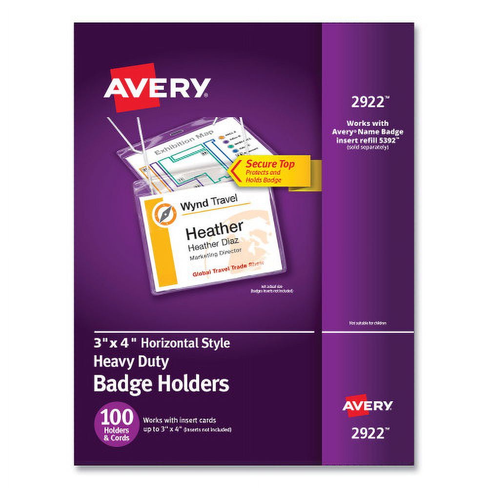 Avery Secure Top Hanging-Style Badge Holders, Horizontal, 4w x 3h, Clear, 100/Box, Each