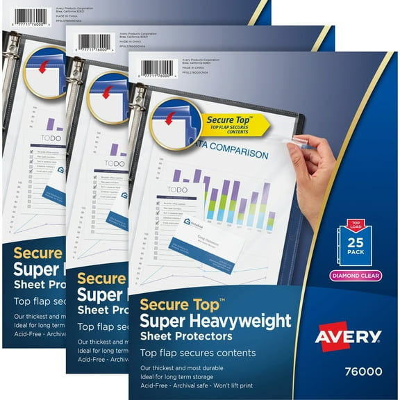 Avery Secure Top Sheet Protectors - For Letter 8 1/2" X 11" Sheet - 3 X Holes - Ring Binder - Clear - Polypropylene - 75 / Bundle