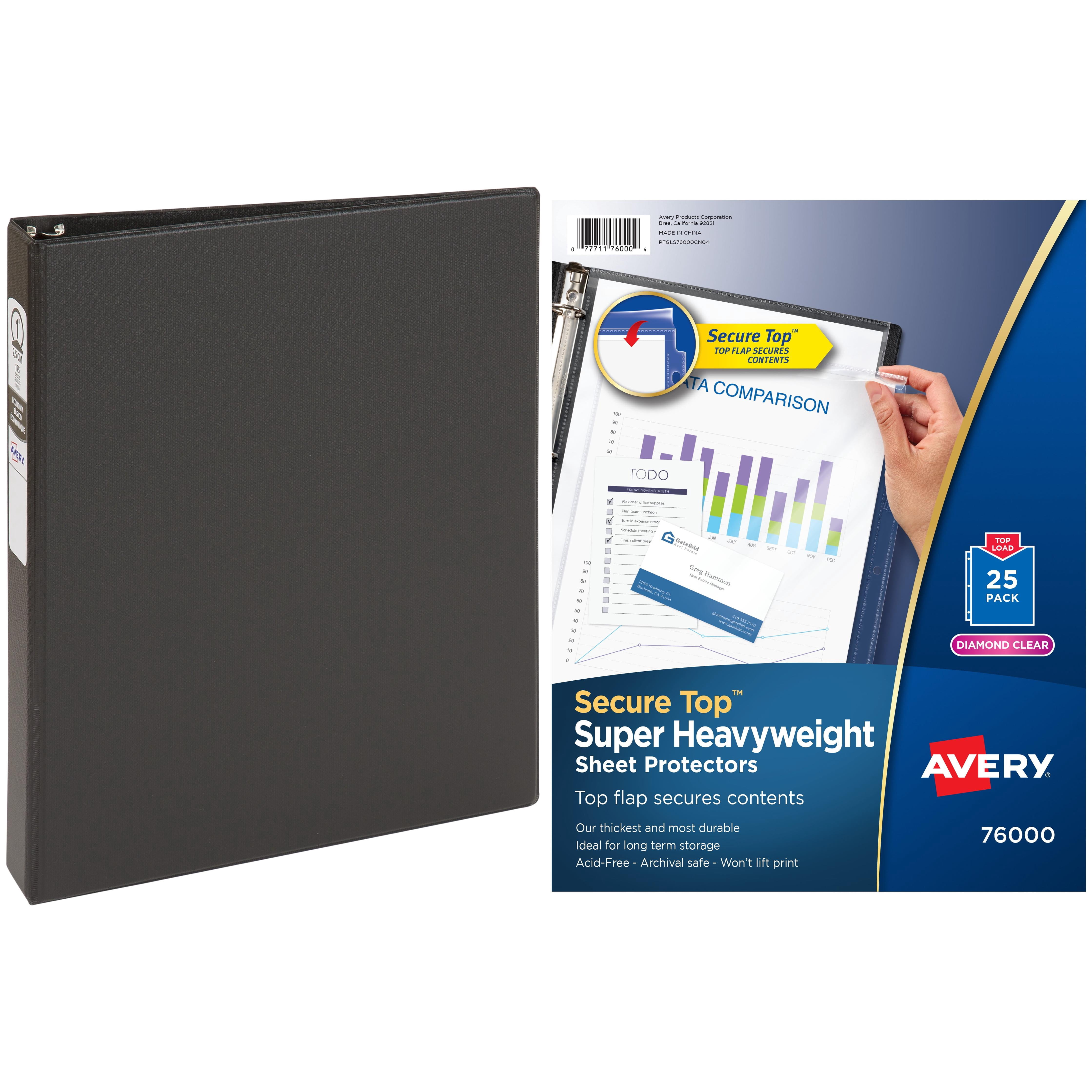 Avery Secure Top Sheet Protectors, Heavy Gauge, Letter, Diamond Clear, 25/Pack and Avery 1" Economy Round Ring Reference Binder, Black Bundle