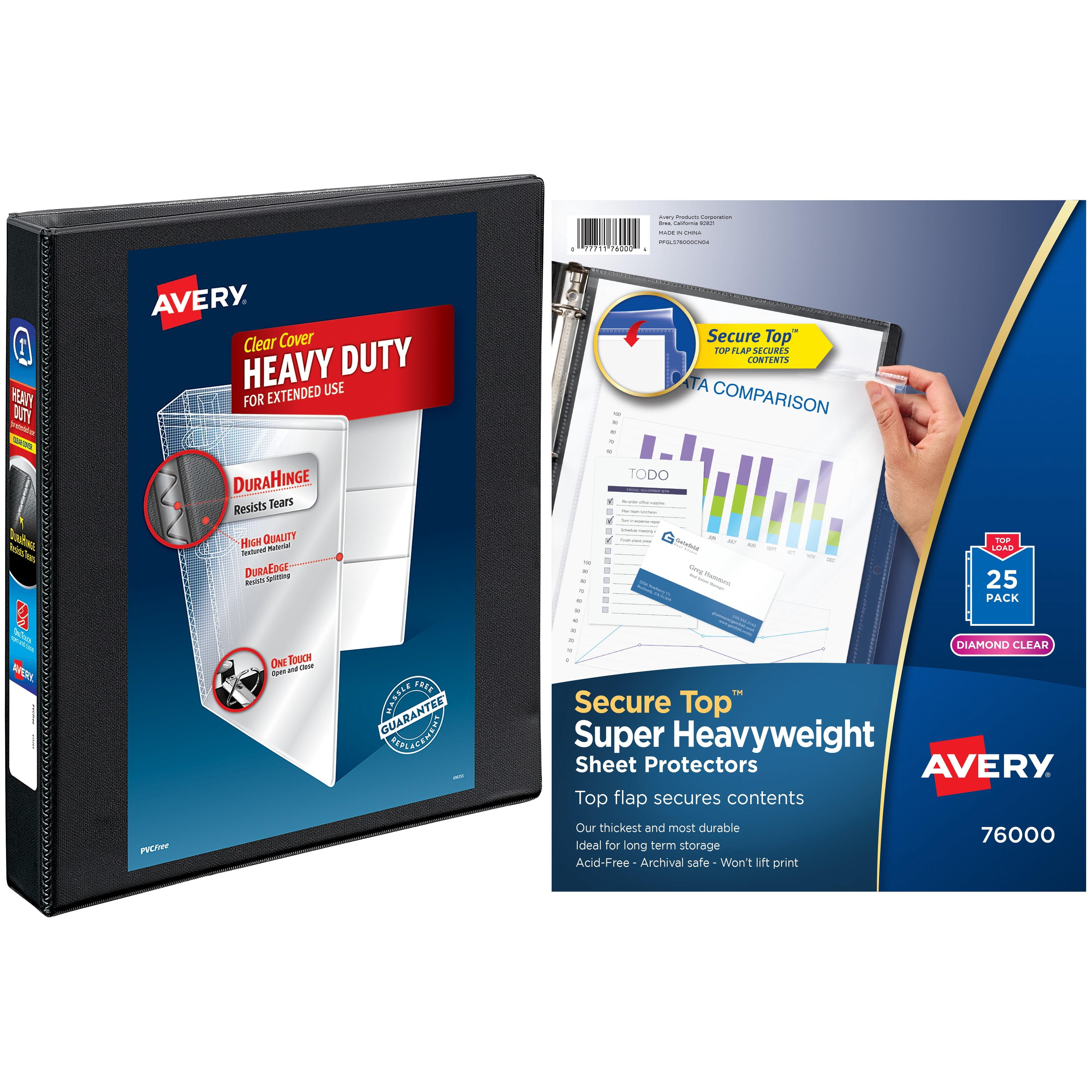 Avery Secure Top Sheet Protectors, Heavy Gauge, Letter, Diamond Clear, 25/Pack and Avery 1" Heavy-Duty Clear-Cover Binder, Black Bundle