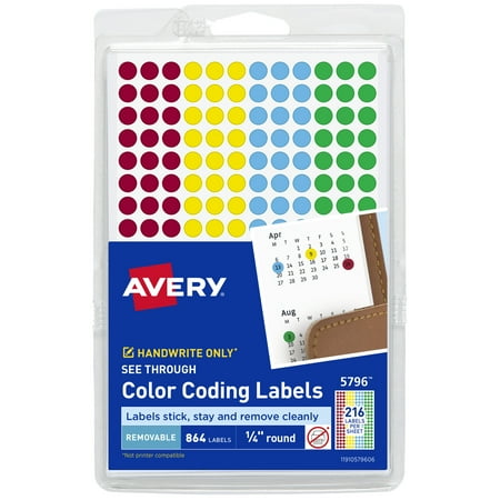 Avery See-Through Color-Coding Removable Labels, 1/4" Round, Assorted Colors, Non-Printable, 864 Dot Stickers (5796)