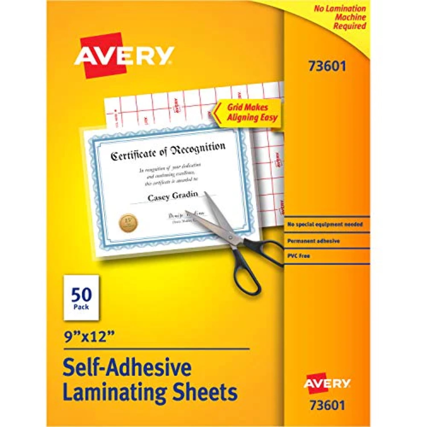 AVERY G Avery Self-Adhesive Laminating Sheets, 9" x 12" , Permanent Adhesive, 50 Clear Laminating Sheets (73601)