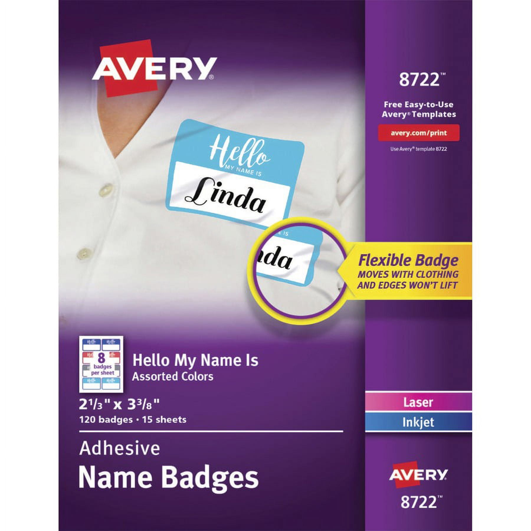 Avery; Self-Adhesive Name Tags - "Hello My Name Is" - 11" Height x 8 1/2" Width - Removable Adhesive - Rectangle - Laser, Inkjet - White - Film - 8 / Sheet - 15 Total Sheets - 120 Total Label(s) - 5