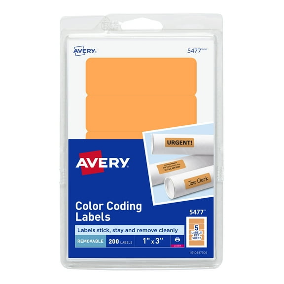 Avery Self-Adhesive Removable Labels, 1 x 3 Inches, Orange Neon, 200 per Pack (05477)