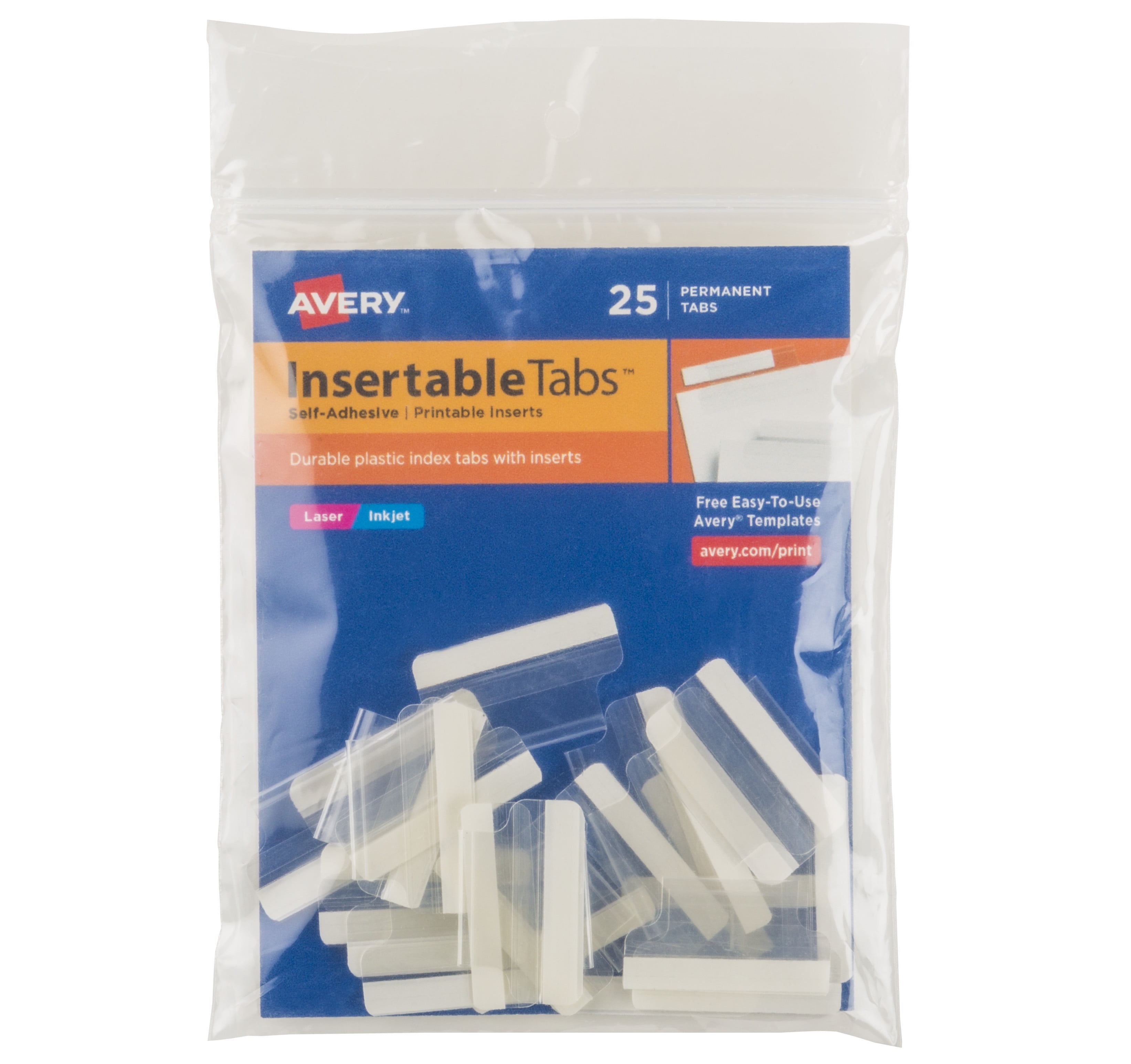 Avery Clear Self-Adhesive Index Tabs with Printable Inserts, 1 Inch, Pack of 25