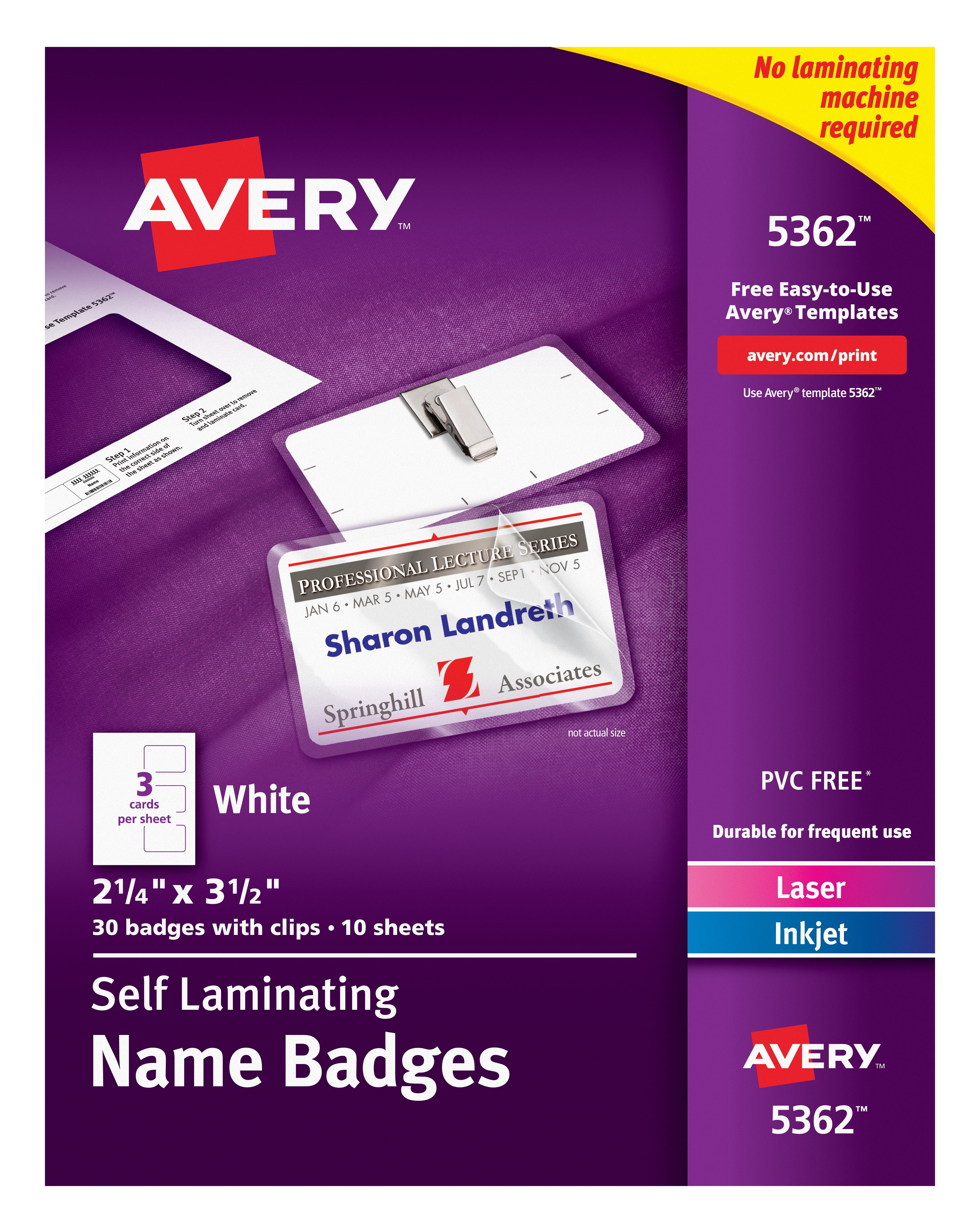 Avery SelfLaminating Laser/Inkjet Printer Badges, 2 1/4 x 3 1/2, White