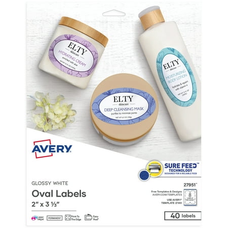 Avery Shape Labels, Oval, 2" x 3-1/3", Paper, Glossy White, Laser/Inkjet, 40 Labels (27951)