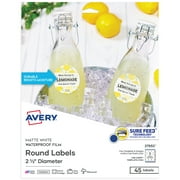 Avery Shape Labels, Round 2-1/2 Diameter, Film, White, Waterproof, Laser/Inkjet, 45 Labels 27953