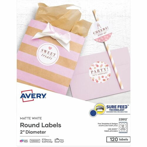 Avery Shape Labels, Round, 2" Diameter, Paper, Matte White, Laser/Inkjet, 120 Labels (22261) | 2 Packs (240 Total)