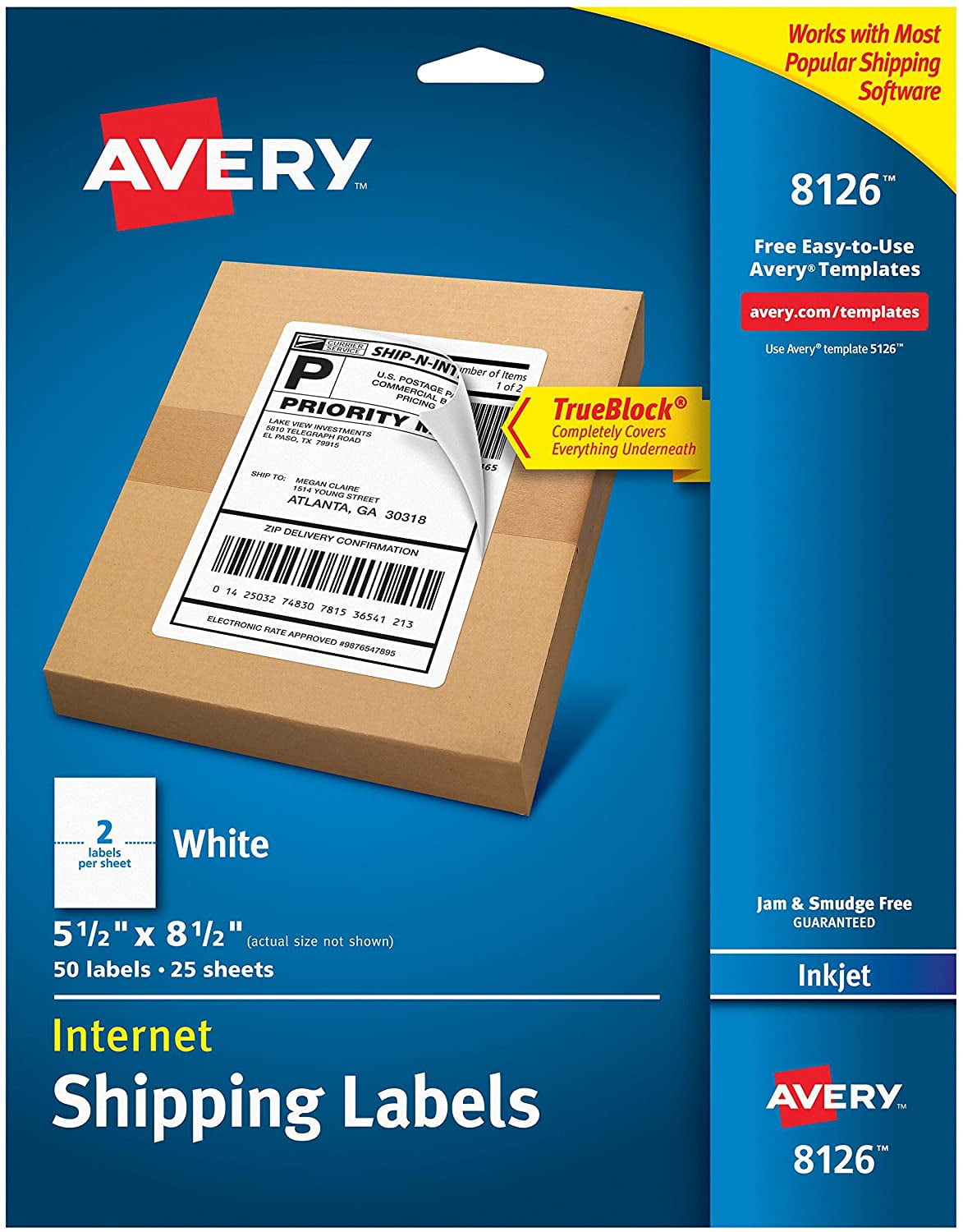 Avery Shipping Address Labels, Inkjet, 250 Labels, Half Sheet Labels, Permanent, TrueBlock (5-pack 8126)