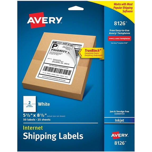 Avery Shipping Address Labels, Inkjet, 250 Labels, Half Sheet Labels, Permanent, TrueBlock (5-pack 8126)