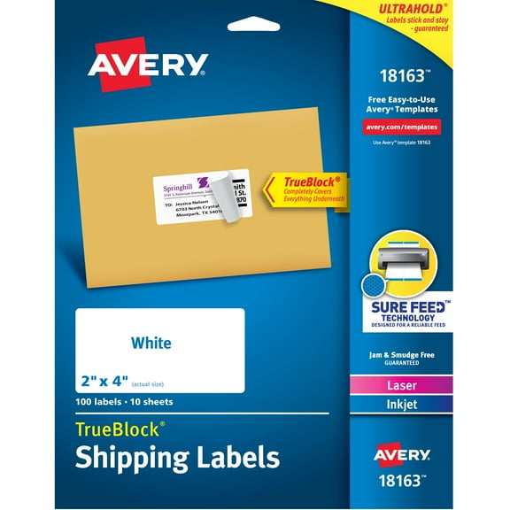 Avery Shipping Labels, 2" x 4", Paper, White, TrueBlock®, Laser/Inkjet, 100 Labels (18163)
