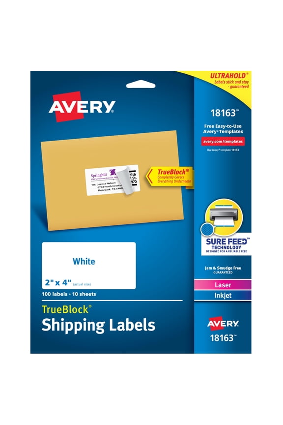 Shipping Labels, 2" x 4", Paper, White, TrueBlock®, Laser/Inkjet, 100 Labels (18163)
