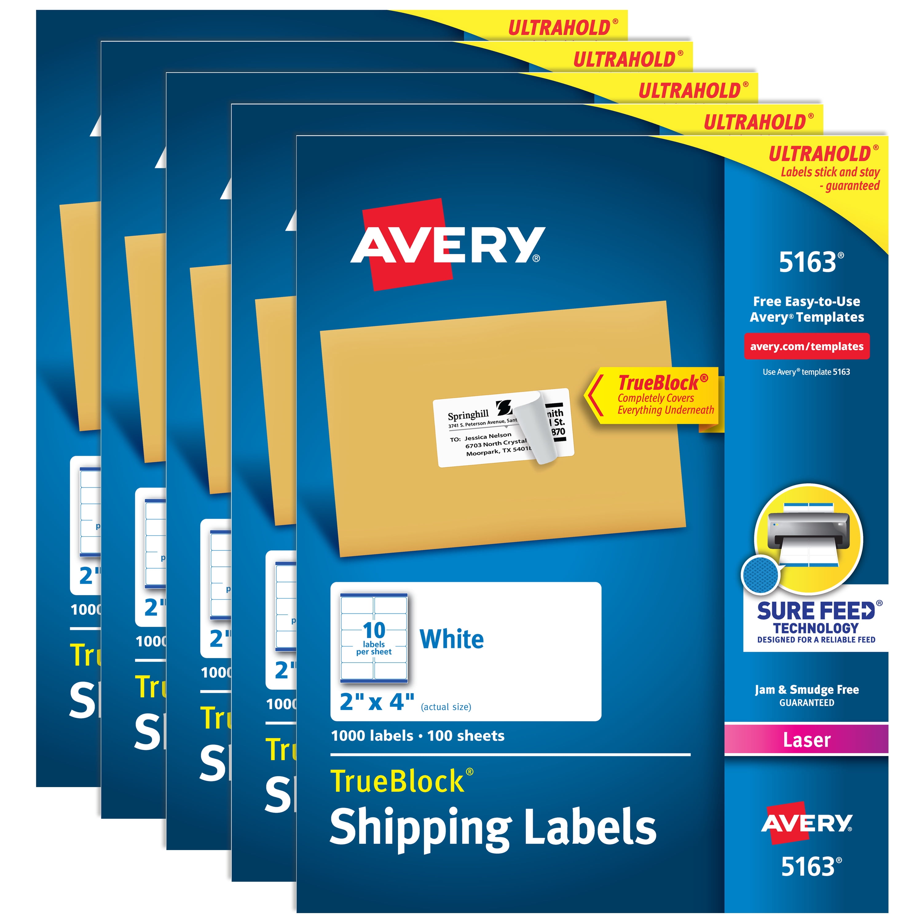 Avery Shipping Labels, 2" x 4", White, 1,000 Labels (5163) - 5 Pack