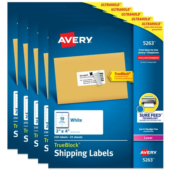 Avery Shipping Labels, 2" x 4", White, 250 Labels (5263) - 5 Pack