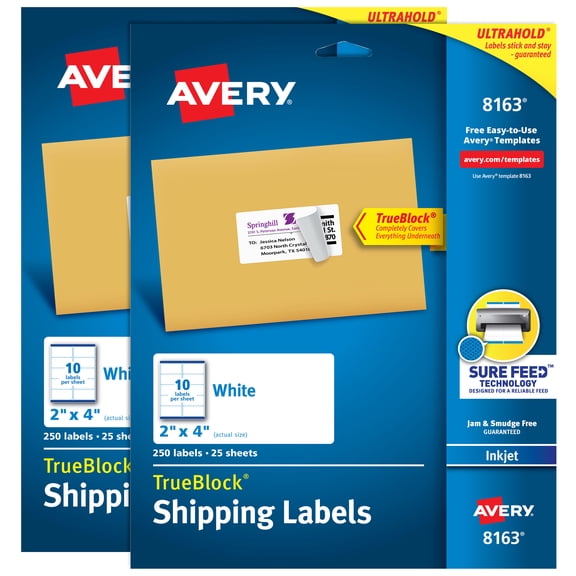 Avery Shipping Labels, 2" x 4", White, 500 Blank Mailing Labels Total (2-Pack of 8163)
