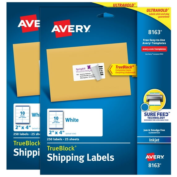 Avery Shipping Labels, 2" x 4", White, 500 Blank Mailing Labels Total (2-Pack of 8163)