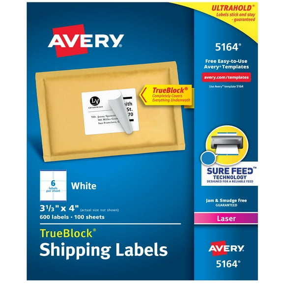 Avery Shipping Labels, 3-1/3" x 4", Paper, White, TrueBlock, Laser, 600 Labels (5164)