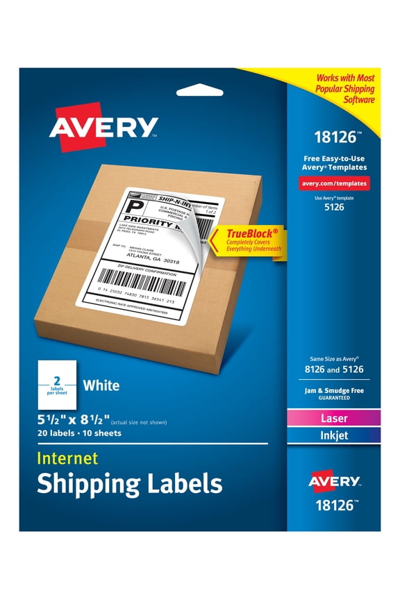 Shipping Labels, 5-1/2" x 8-1/2", Paper, White, TrueBlock®, Laser/Inkjet, 20 Labels (18126)