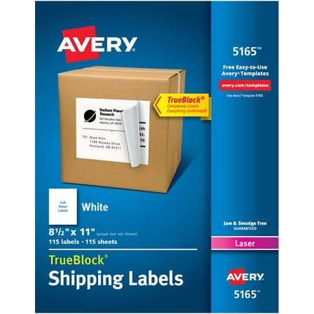 Avery Shipping Labels, 8-1/2" x 11", Paper, White, TrueBlock®, Laser, 100 Labels (5165)