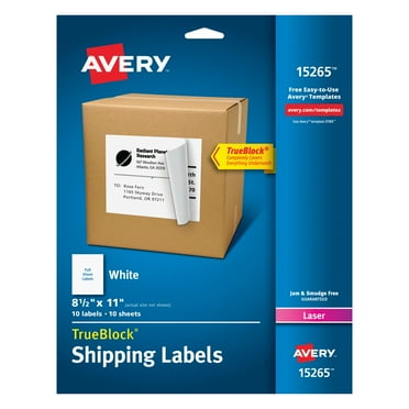 Avery Shipping Labels, 8-1/2" x 11", Paper, White, TrueBlock®, Laser/Inkjet, 10 Labels (15265)