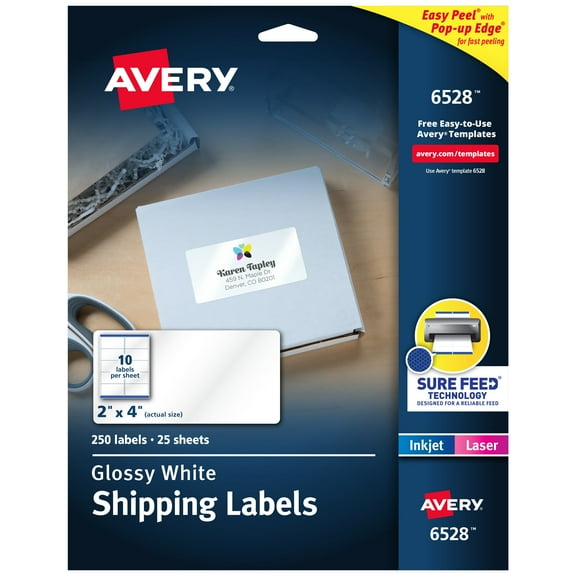 Avery Shipping Labels, Glossy White, 2" x 4", 250 Total (6528)