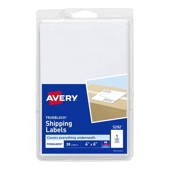 Avery Permanent Adhesive Shipping Labels with TrueBlock Technology, 4" x 6", 20 Labels (5292)