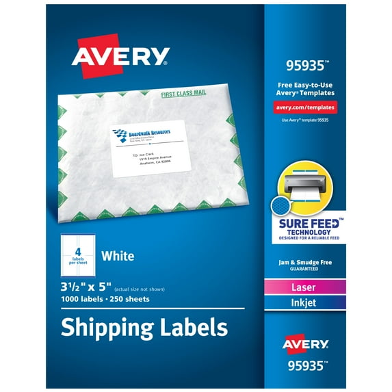 Avery Shipping Labels, Sure Feed, 3-1/2" x 5", 1,000 Labels (95935)
