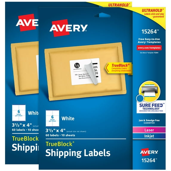Avery TrueBlock Shipping Labels, 3-1/3" x 4", 2 Packs (32134)