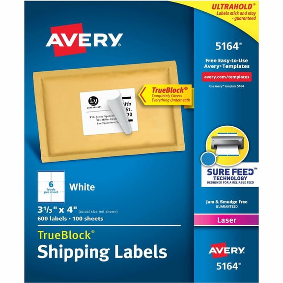 Avery Shipping Labels, Sure Feed, 3-1/3" x 4", 600 White Labels (5164)